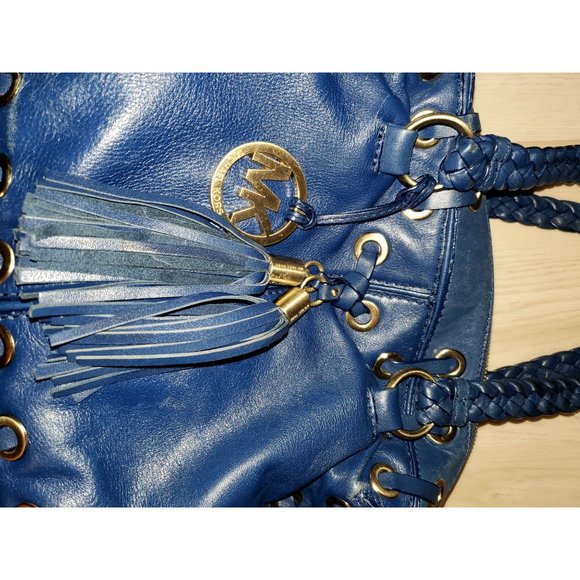 Michael Kors Blue Leather Handbag With Braided Handles & Tassel Detailing - Picture 8 of 11